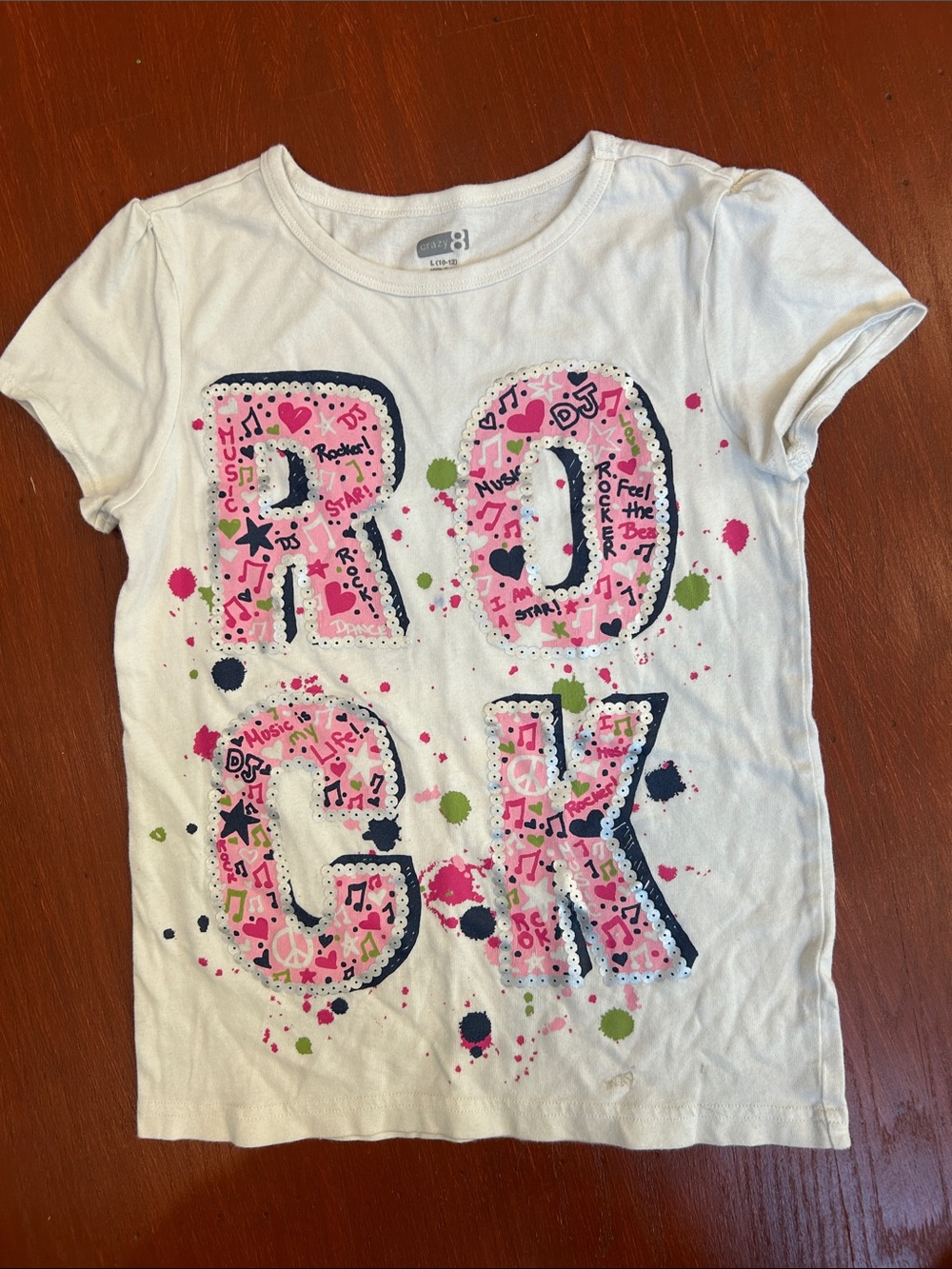 Crazy 8 White Tee with Pink, Navy & Lime Paint-Splash 'ROCK' Graphic